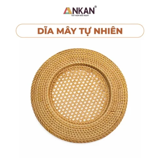 Dĩa Mây Tự Nhiên Đan Thưa 33cm nền trắng, logo ANKAN