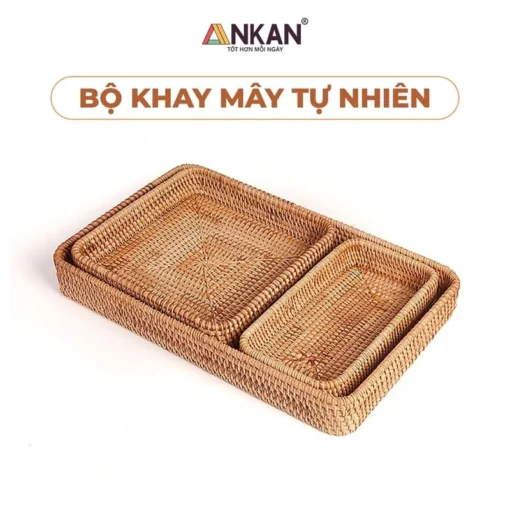 Bộ 3 Khay Mây Vuông Và Chữ Nhật nền trắng, logo ANKAN