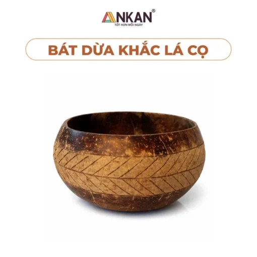 Bát Gáo Dừa Khắc Lá Cọ Kèm Muỗng ANKAN nền trắng, logo ANKAN