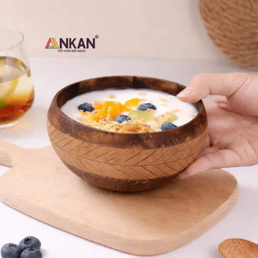 Bát Gáo Dừa Khắc Lá Cọ Kèm Muỗng ANKAN - ảnh thực tế 4