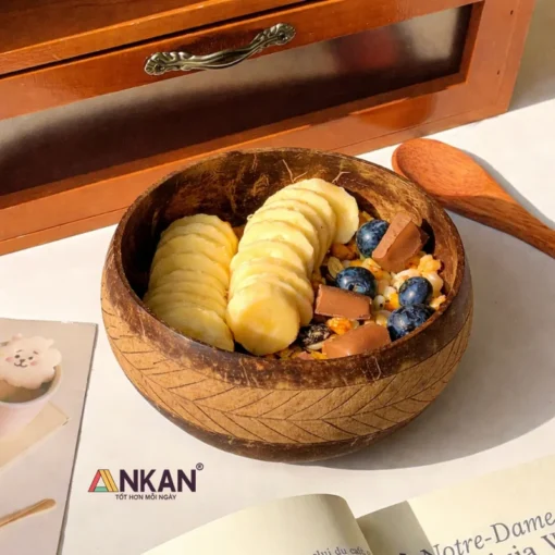 Bát Gáo Dừa Khắc Lá Cọ Kèm Muỗng ANKAN - ảnh thực tế 5