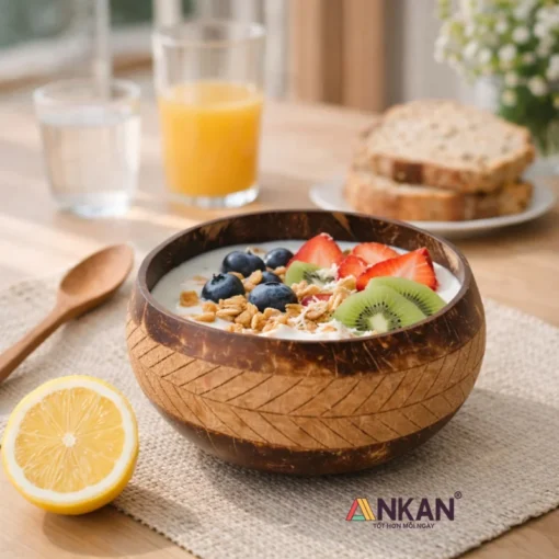 Bát Gáo Dừa Khắc Lá Cọ Kèm Muỗng ANKAN - ảnh thực tế 7