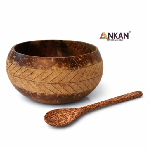 Bát Gáo Dừa Khắc Lá Cọ Kèm Muỗng ANKAN - ảnh thực tế 8