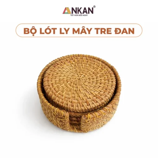 Bộ Lót Ly Mây Tre ANKAN 6 Miếng Kèm Khay nền trắng, logo ANKAN